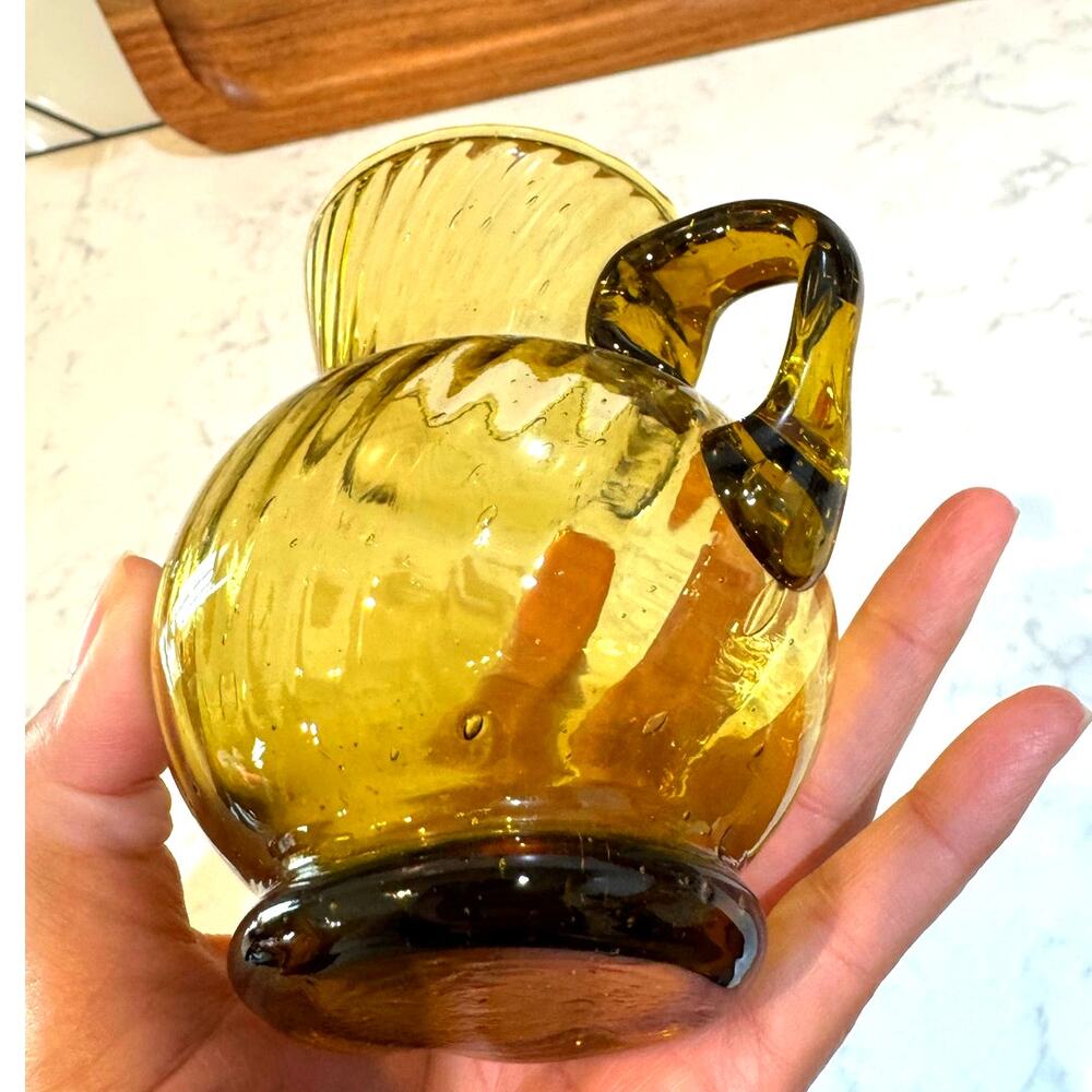 Vintage Hand Blown Amber Swirl small Glass Pitcher boho MCM eclectic artsy - Picture 7 of 11